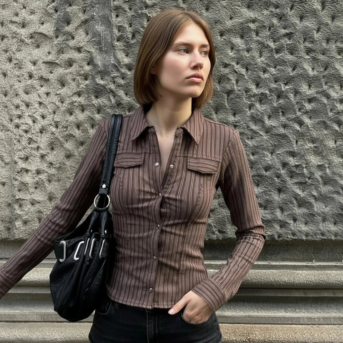 Women's Brown Striped Vintage Skinny Blouse Retro Button Down Long Sleeve Woven for Fall Office Casual Wear - Zeprah