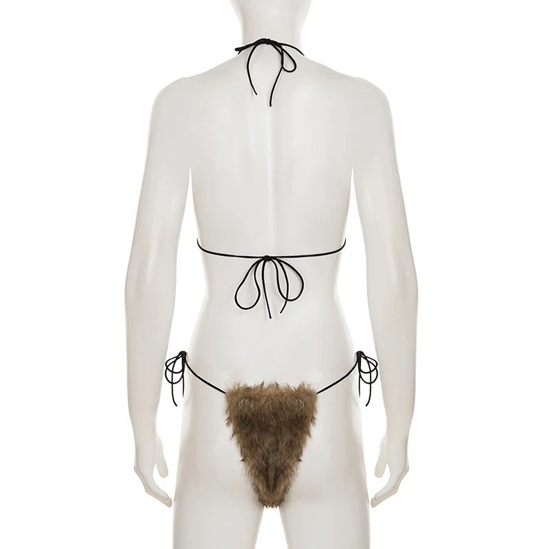 Women's Brown Two - Piece Set Faux Fur Lingerie Lace Open Back Bra Tie Side Bikini Short Skinny Knitting Breathable Eco - Friendly - Zeprah