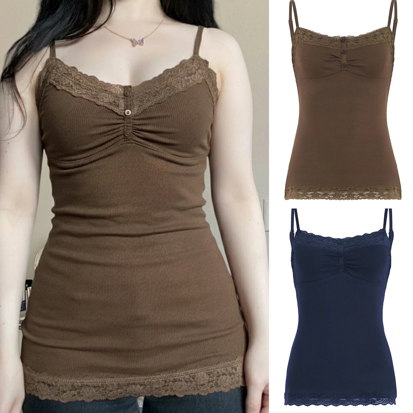 Womens CAMIS Summer Knit Spandex Slim Fit Casual Lace Trim Adjustable Straps Breathable Eco - Friendly Solid - Zeprah