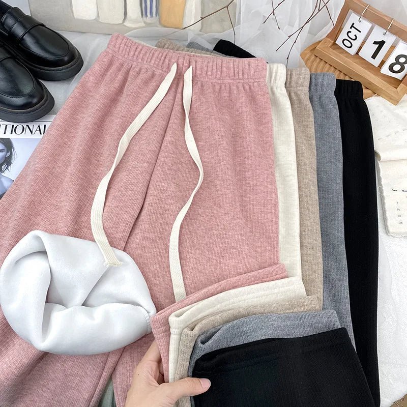 Women's Cashmere - Like Fleece Lined Thickened High - Waist Draped Loose Casual Straight Wide - Leg Knit Pants Winter & Autumn - Zeprah