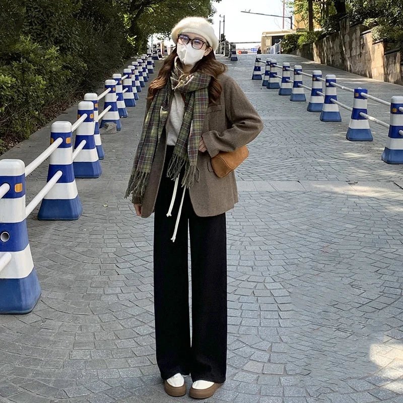 Women's Cashmere - Like Fleece Lined Thickened High - Waist Draped Loose Casual Straight Wide - Leg Knit Pants Winter & Autumn - Zeprah