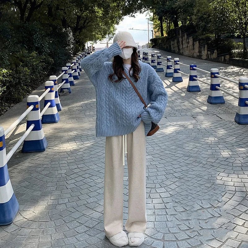 Women's Cashmere - Like Fleece Lined Thickened High - Waist Draped Loose Casual Straight Wide - Leg Knit Pants Winter & Autumn - Zeprah