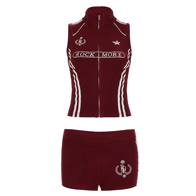 Women's Casual 2 - Piece Sleeveless Sports Top Elastic Knee Shorts Set Striped Patchwork Zipper Contrast Color Block Slim Skinny - Zeprah