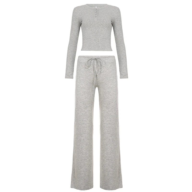 Women's Casual 2 - Piece Solid Color Soft Knit Crew Neck Top Drawstring Pants Eco - Friendly Breathable Spandex/Polyester Autumn - Zeprah
