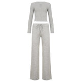 Women's Casual 2 - Piece Solid Color Soft Knit Crew Neck Top Drawstring Pants Eco - Friendly Breathable Spandex/Polyester Autumn - Zeprah