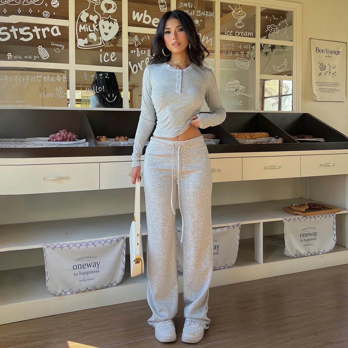 Women's Casual 2 - Piece Solid Color Soft Knit Crew Neck Top Drawstring Pants Eco - Friendly Breathable Spandex/Polyester Autumn - Zeprah
