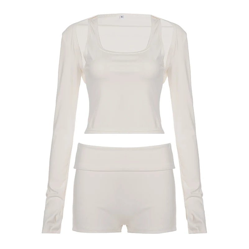 Women's Casual 3 - Piece Set Solid Color Slim Sleeveless Crop Top Breathable Eco - Friendly Knitting 100% Polyester Summer Skinny - Zeprah