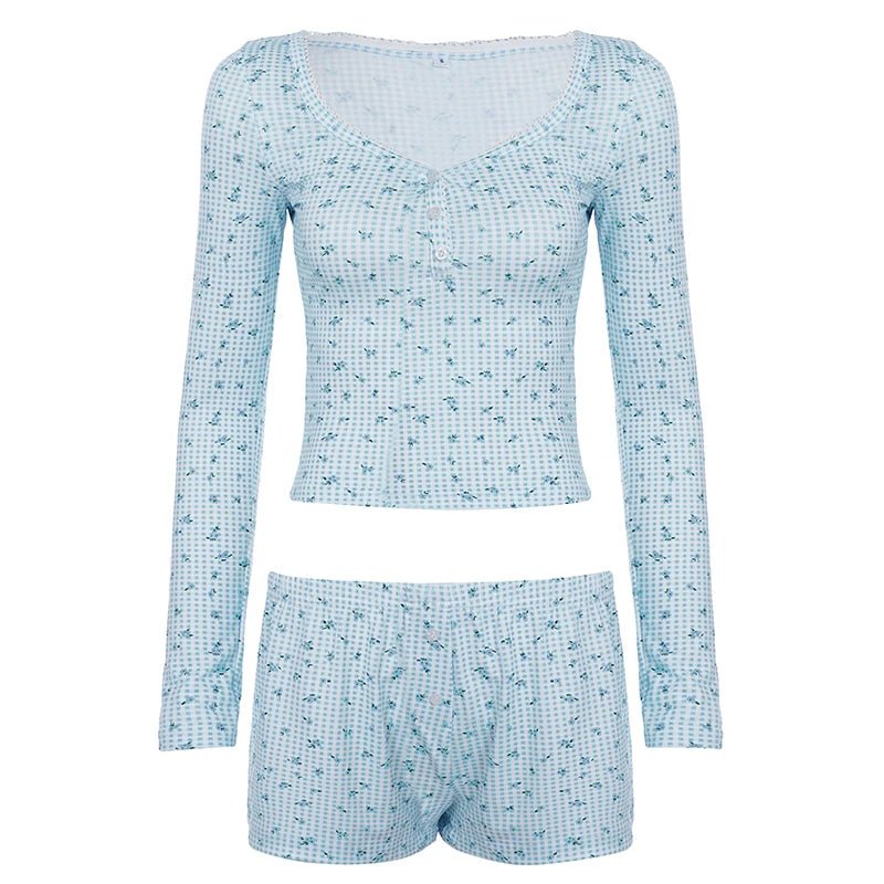 Women's Casual Autumn Floral Print Knitting Pajama Set - O - Neck Long Sleeve Top & Above Knee Shorts 2 - Piece Button Detail - Zeprah