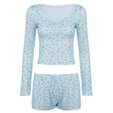 Women's Casual Autumn Floral Print Knitting Pajama Set - O - Neck Long Sleeve Top & Above Knee Shorts 2 - Piece Button Detail - Zeprah