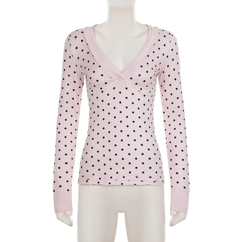 Women's Casual Basic V - Neck Long Sleeve Knitted Tshirt Polka Dot Contrast Color Slim Fit Breathable Eco - Friendly Compressed - Zeprah
