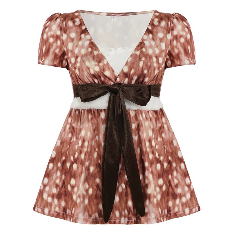 Womens Casual Bow Tie V Neck Short Sleeve Knitted Eco - Friendly T Shirt Sweet Animal Print High Waist Slim Fit Color Block - Zeprah