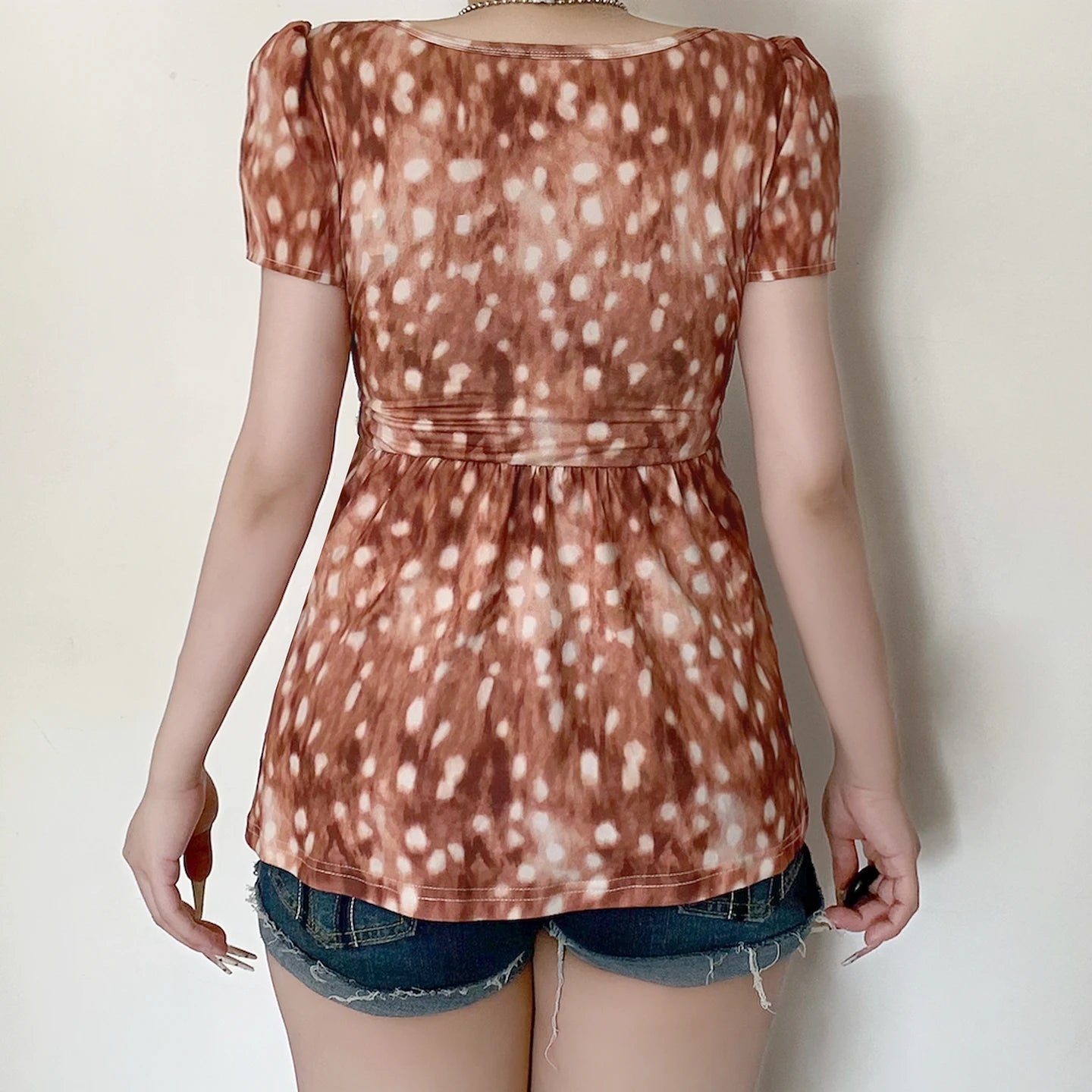 Womens Casual Bow Tie V Neck Short Sleeve Knitted Eco - Friendly T Shirt Sweet Animal Print High Waist Slim Fit Color Block - Zeprah