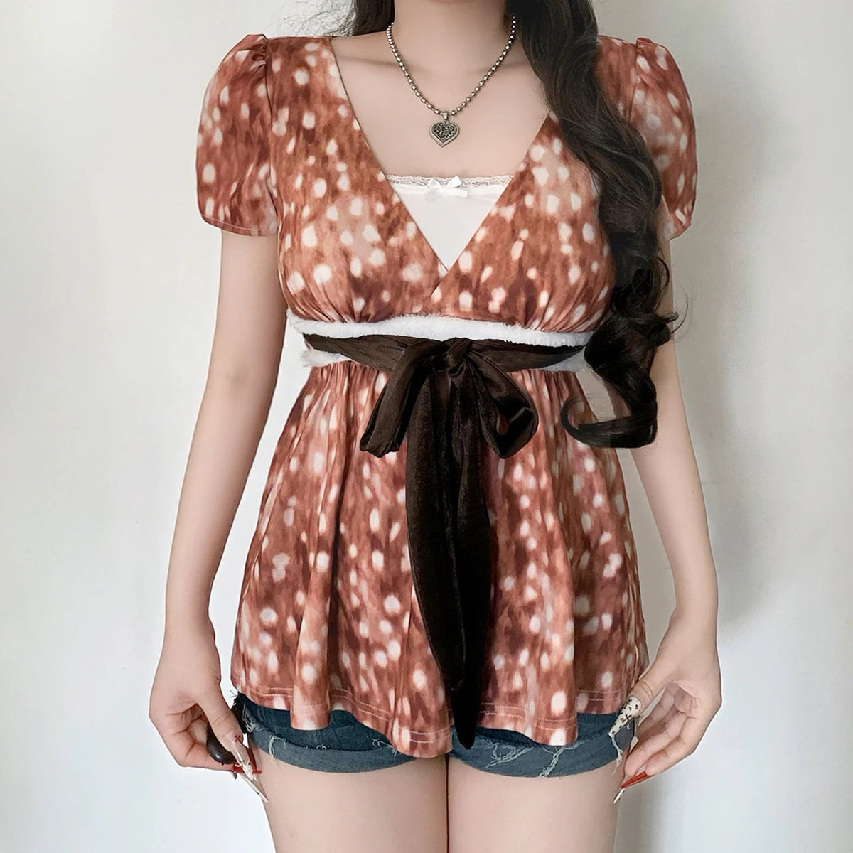 Womens Casual Bow Tie V Neck Short Sleeve Knitted Eco - Friendly T Shirt Sweet Animal Print High Waist Slim Fit Color Block - Zeprah