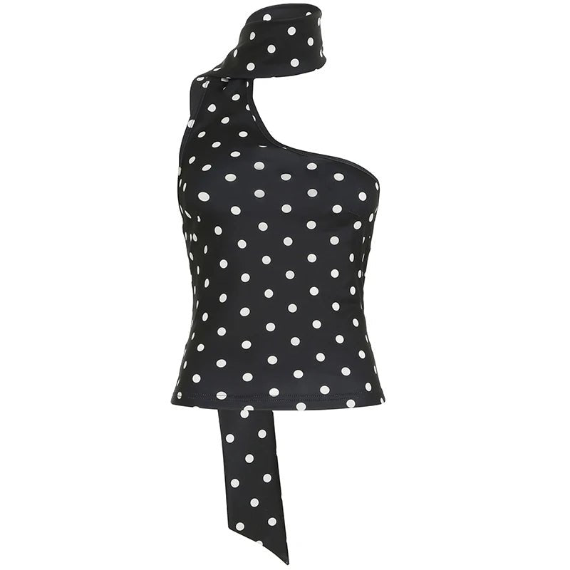 Women's Casual Breathable Eco - Friendly Elegant Polka Dot Halter Tank Top Ribbons Contrast Color Slim Fit Knitted - Zeprah