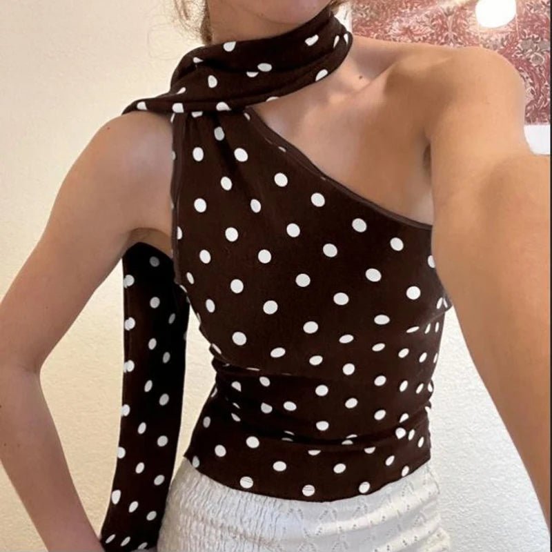 Women's Casual Breathable Eco - Friendly Elegant Polka Dot Halter Tank Top Ribbons Contrast Color Slim Fit Knitted Fabric - Zeprah