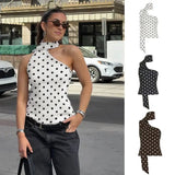 Women's Casual Breathable Eco - Friendly Elegant Polka Dot Halter Tank Top Ribbons Contrast Color Slim Fit Knitted Fabric - Zeprah