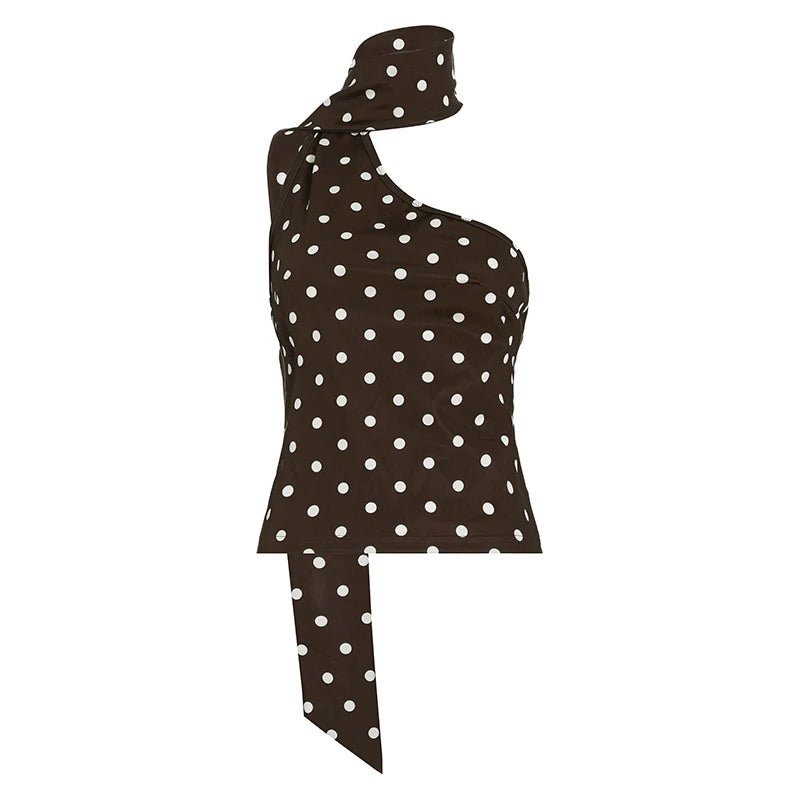 Women's Casual Breathable Eco - Friendly Elegant Polka Dot Halter Tank Top Ribbons Contrast Color Slim Fit Knitted Fabric - Zeprah