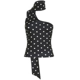 Women's Casual Breathable Eco - Friendly Elegant Polka Dot Halter Tank Top Ribbons Contrast Color Slim Fit Knitted Fabric - Zeprah