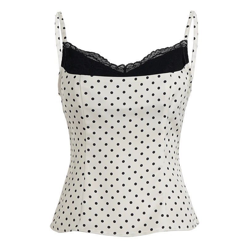 Womens Casual Breathable Eco - Friendly Woven Sexy Lace Polka Dot Camisole Color Block Slim Fit Elegant Sleeveless Fashion Top - Zeprah