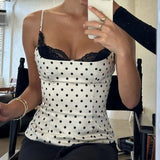 Womens Casual Breathable Eco - Friendly Woven Sexy Lace Polka Dot Camisole Color Block Slim Fit Elegant Sleeveless Fashion Top - Zeprah