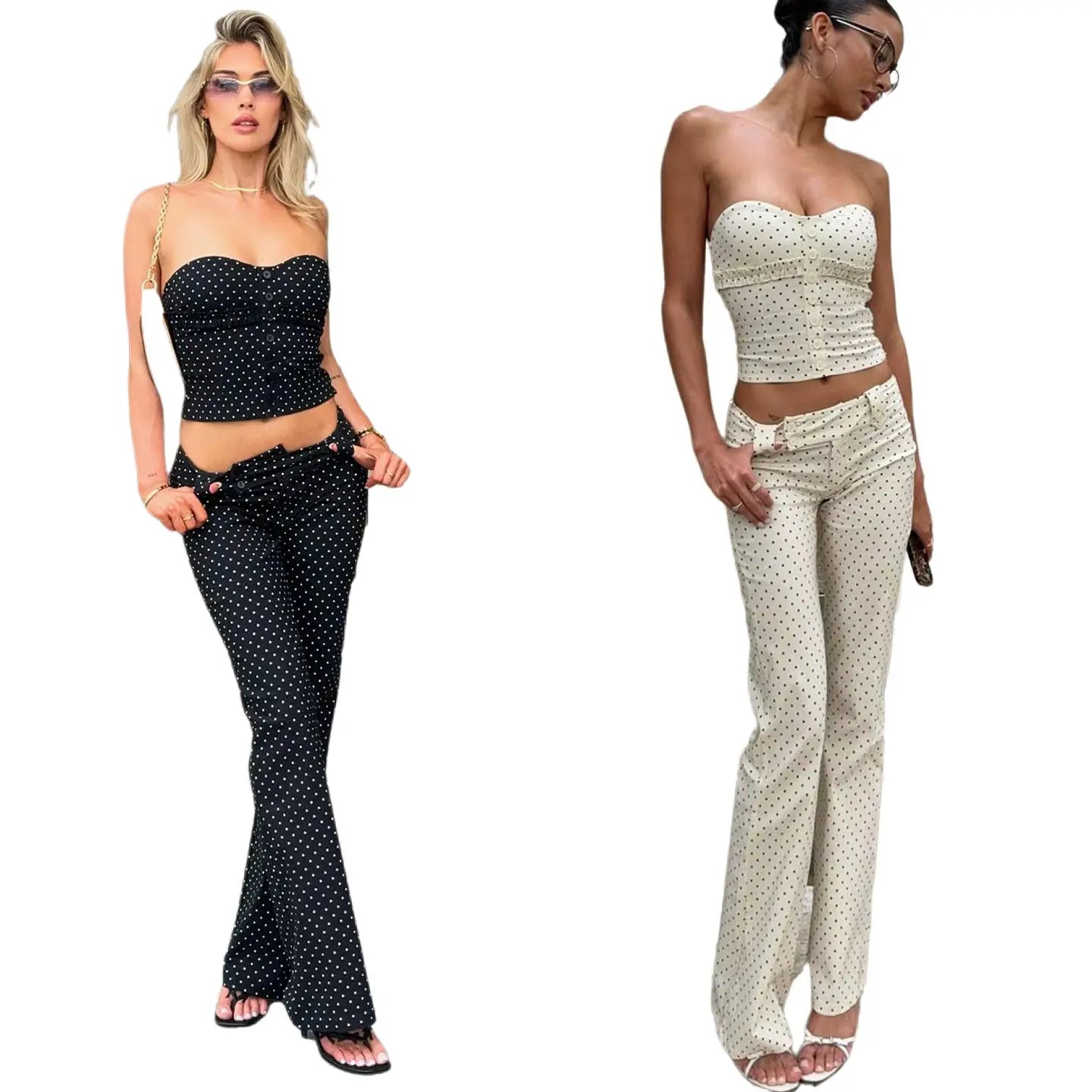 Women's Casual Chic Polka Dot 2 - Piece Set with Short Top Slim Bustier and Straight Leg Pants - Zeprah