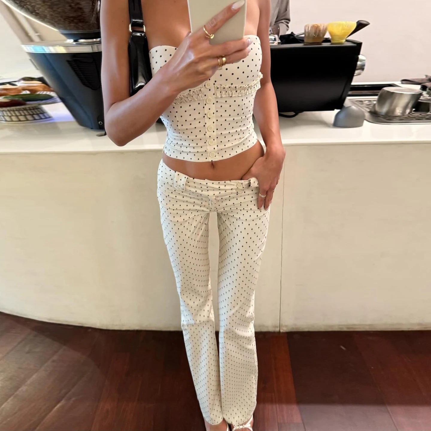 Women's Casual Chic Polka Dot 2 - Piece Set with Short Top Slim Bustier and Straight Leg Pants - Zeprah