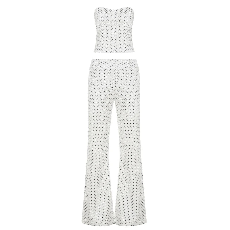 Women's Casual Chic Polka Dot 2 - Piece Set with Short Top Slim Bustier and Straight Leg Pants - Zeprah