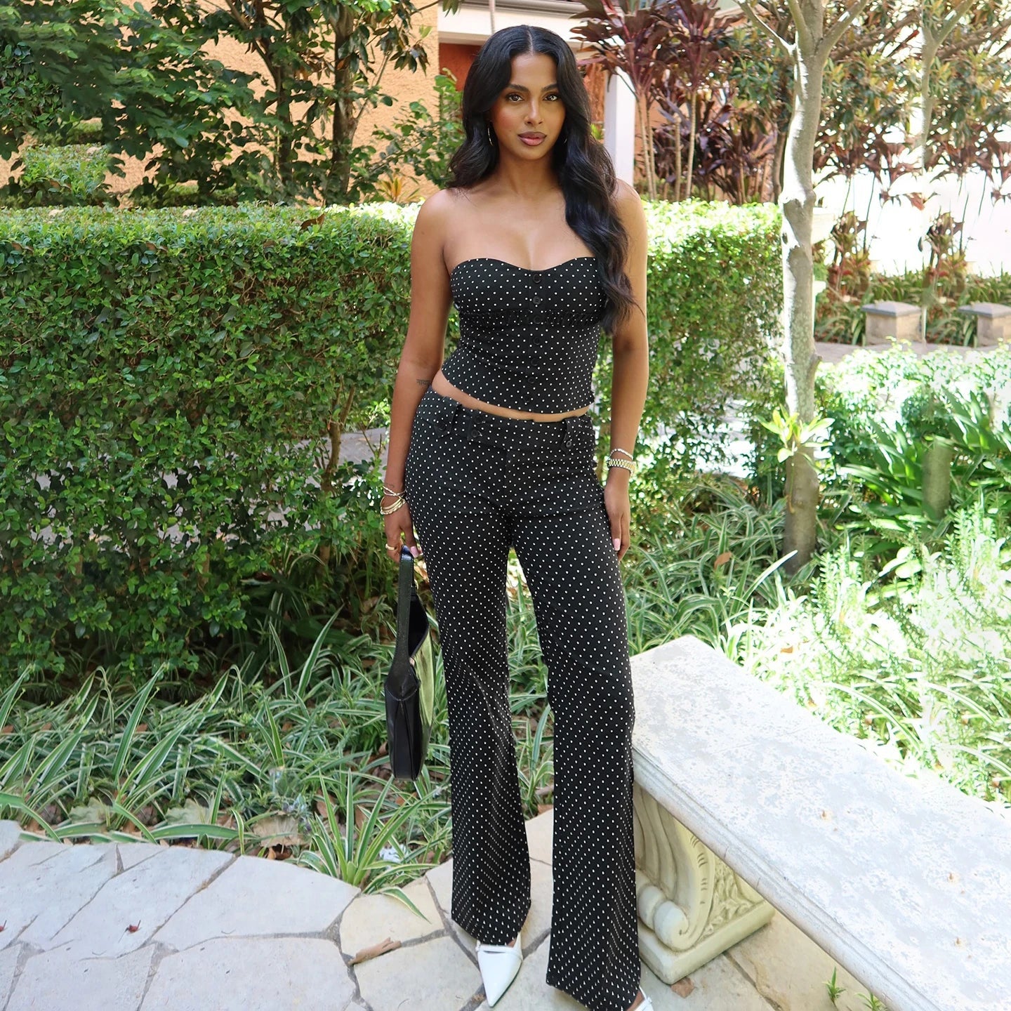 Women's Casual Chic Polka Dot 2 - Piece Set with Short Top Slim Bustier and Straight Leg Pants - Zeprah