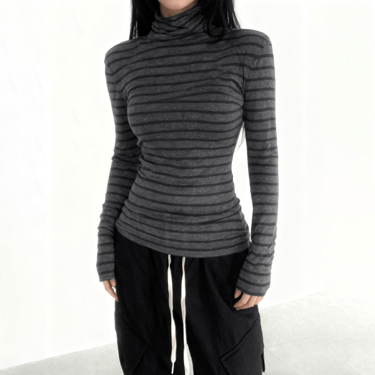 Women's Casual Fall Winter Turtleneck Top, Striped Color Block Long Sleeve Stretchy Knit Shirt , Regular Fit Eco - Friendly Breathable - Zeprah