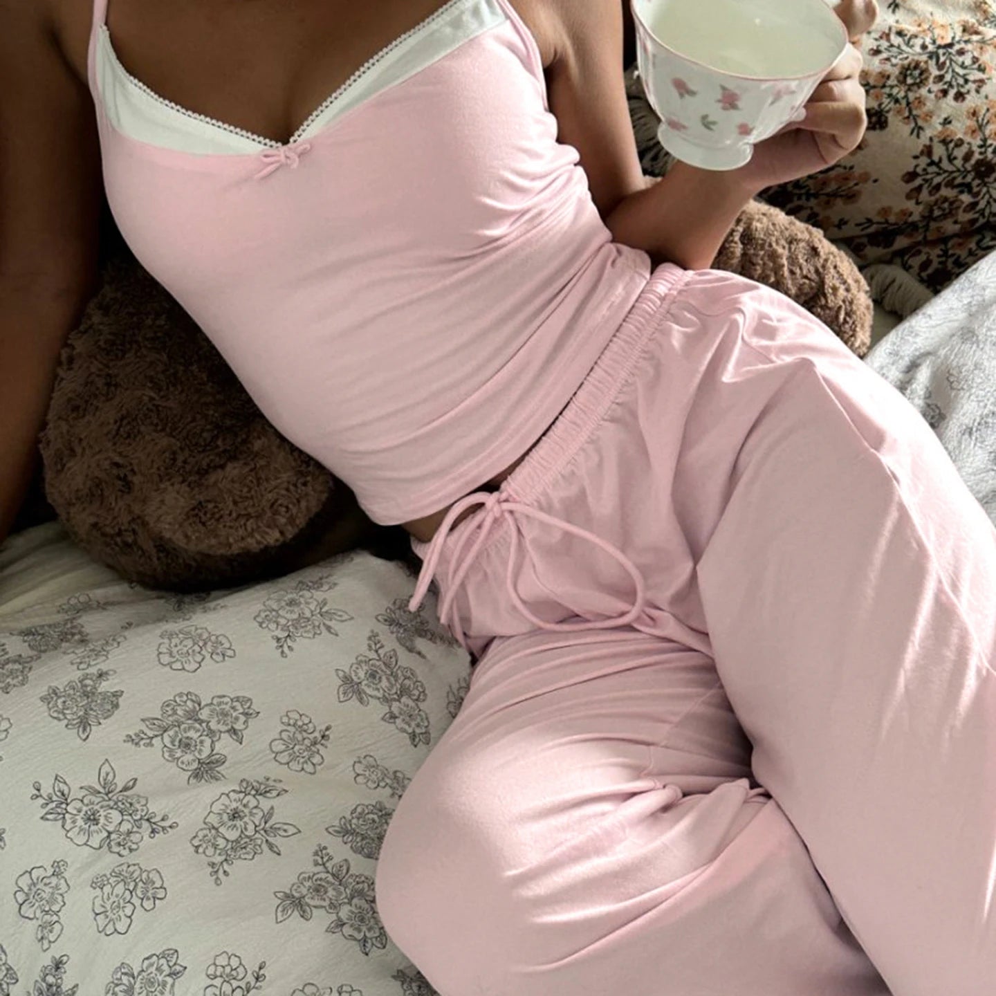 Women's Casual Knitting Pajamas Set Bow Collar Cami Wide Leg Pants Washed Fabric Breathable Eco - Friendly Sleepwear for Home Wear - Zeprah