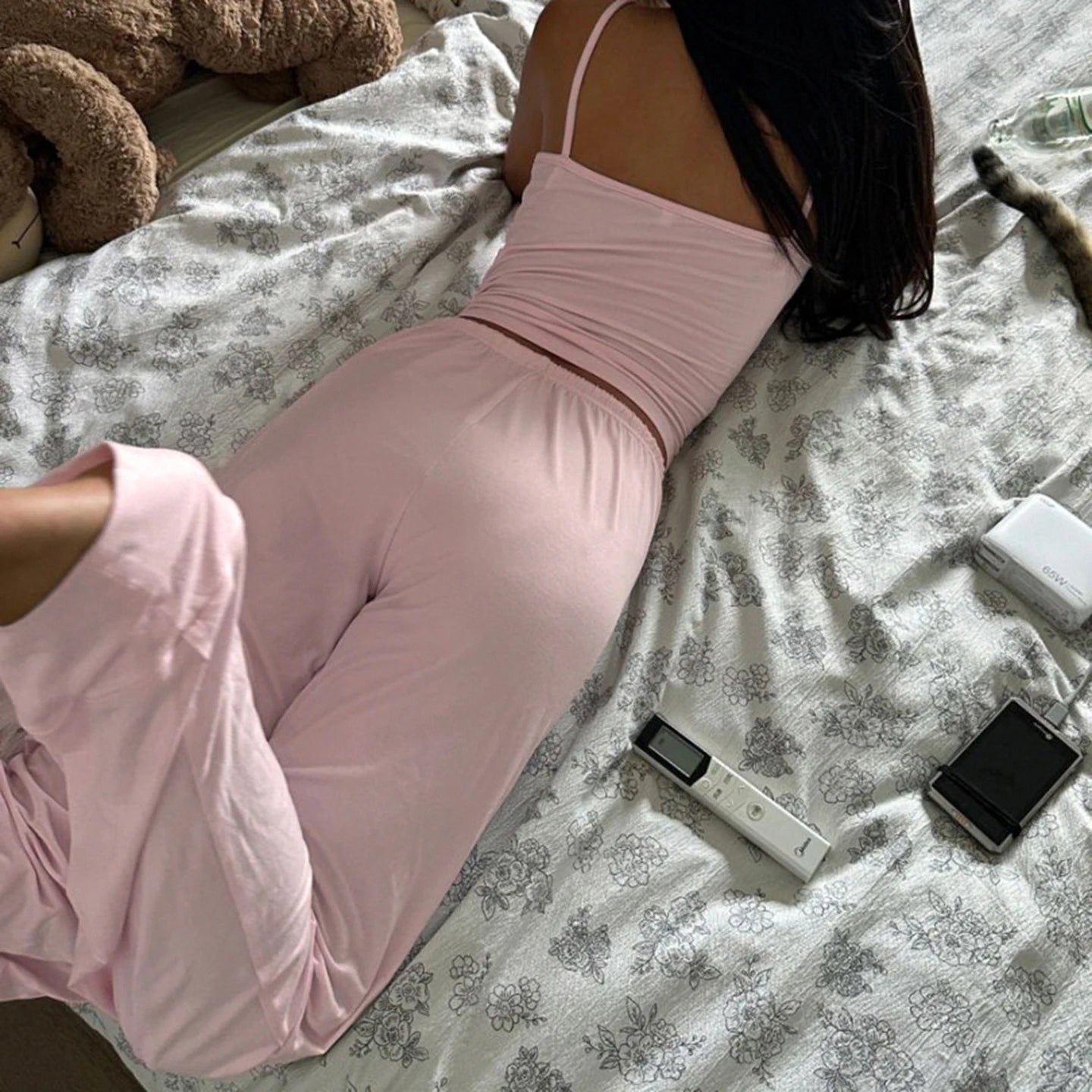 Women's Casual Knitting Pajamas Set Bow Collar Cami Wide Leg Pants Washed Fabric Breathable Eco - Friendly Sleepwear for Home Wear - Zeprah