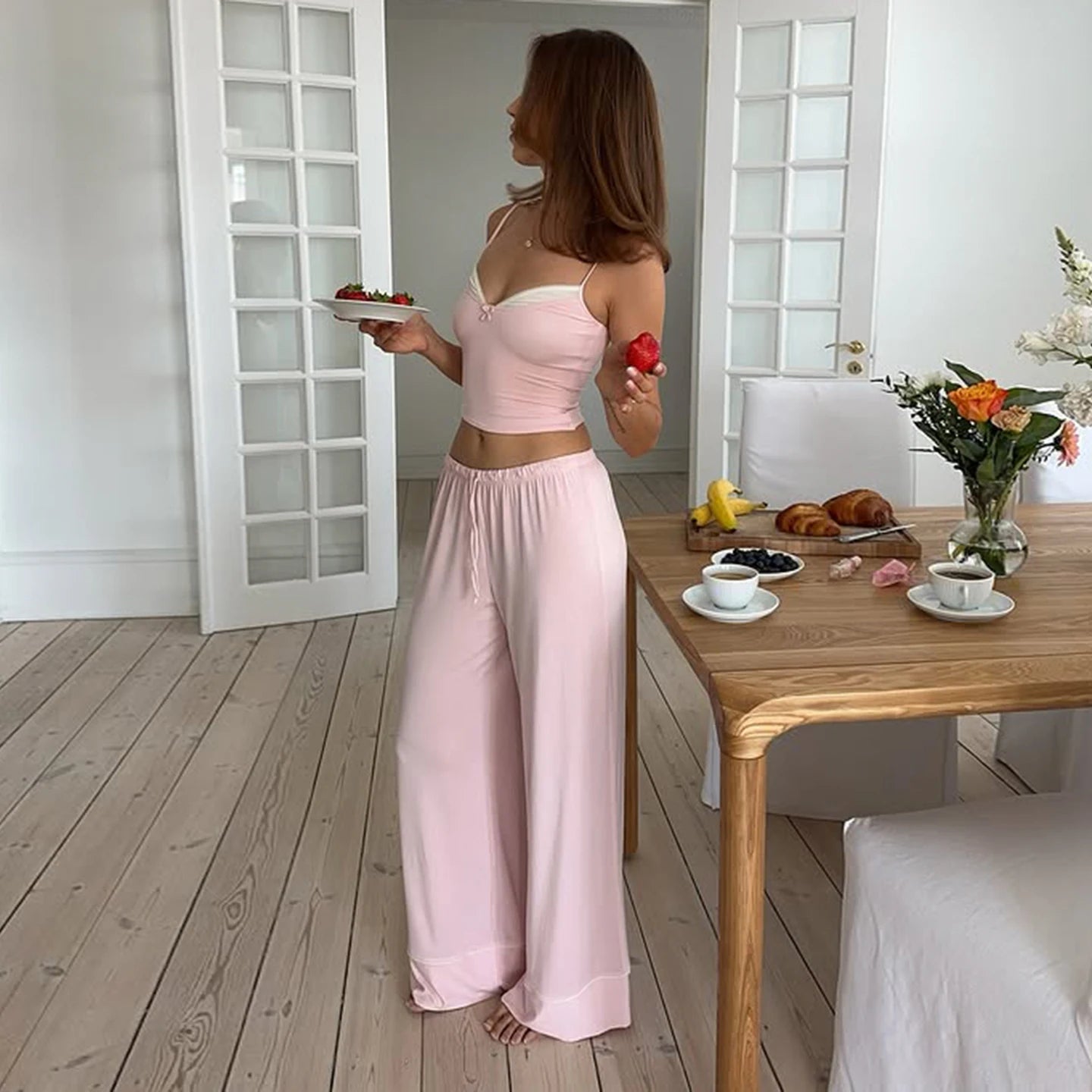 Women's Casual Knitting Pajamas Set Bow Collar Cami Wide Leg Pants Washed Fabric Breathable Eco - Friendly Sleepwear for Home Wear - Zeprah