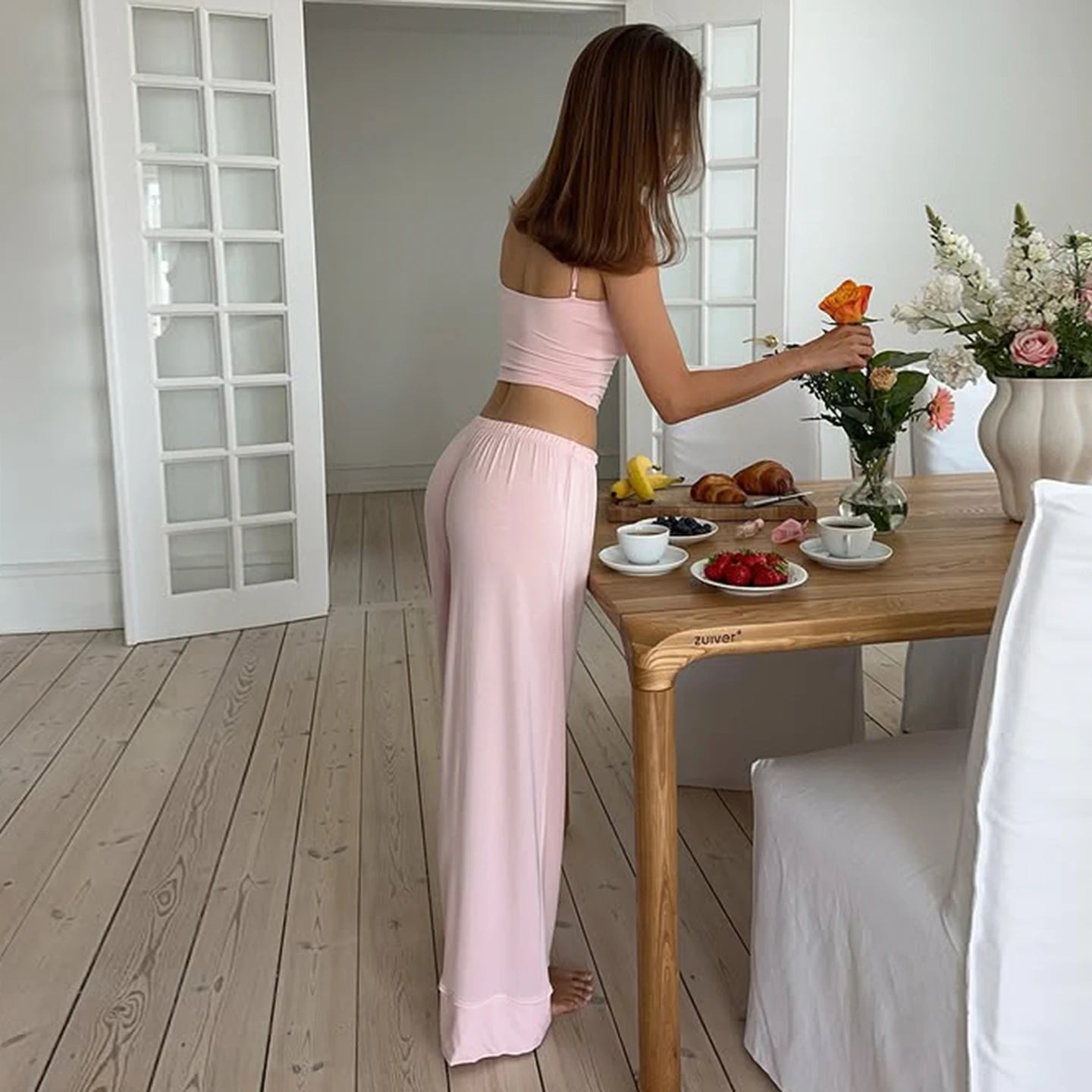 Women's Casual Knitting Pajamas Set Bow Collar Cami Wide Leg Pants Washed Fabric Breathable Eco - Friendly Sleepwear for Home Wear - Zeprah