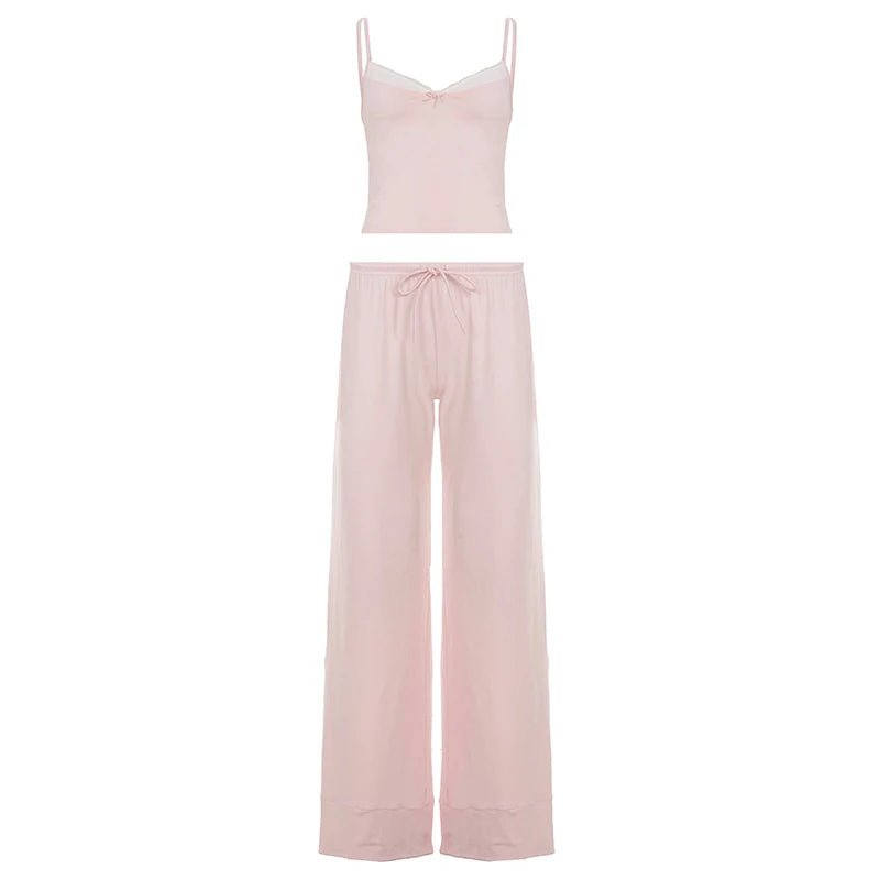 Women's Casual Knitting Pajamas Set Bow Collar Cami Wide Leg Pants Washed Fabric Breathable Eco - Friendly Sleepwear for Home Wear - Zeprah