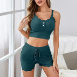 Women's Casual Pajamas Lace Trim Camisole Shorts with Elastic Waist Solid Pattern Loungewear for Summer - Zeprah