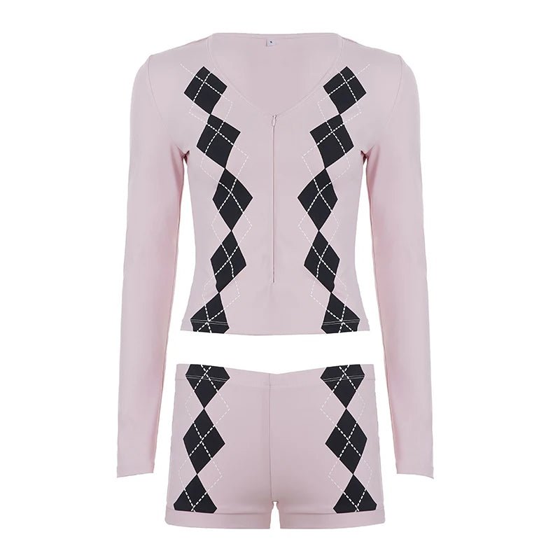 Women's Casual Plaid Color Block Knit Matching Set Long Sleeve Zip - Up T-Shirt Shorts Regular Fit Two - Piece Eco - Friendly All - Zeprah