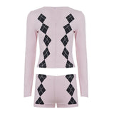 Women's Casual Plaid Color Block Knit Matching Set Long Sleeve Zip - Up T-Shirt Shorts Regular Fit Two - Piece Eco - Friendly All - Zeprah