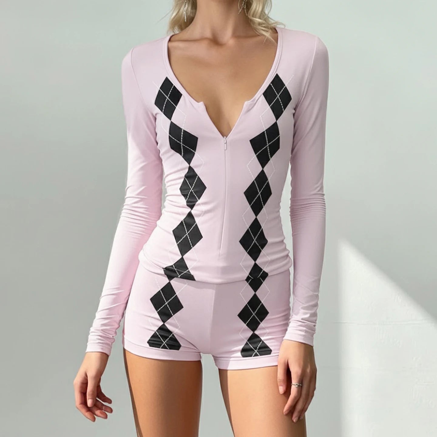 Women's Casual Plaid Color Block Knit Matching Set Long Sleeve Zip - Up T-Shirt Shorts Regular Fit Two - Piece Eco - Friendly All - Zeprah