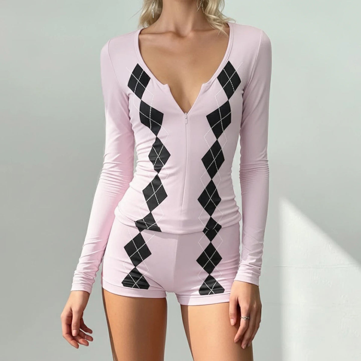 Women's Casual Plaid Color Block Knit Matching Set Long Sleeve Zip - Up T-Shirt Shorts Regular Fit Two - Piece Eco - Friendly All - Zeprah