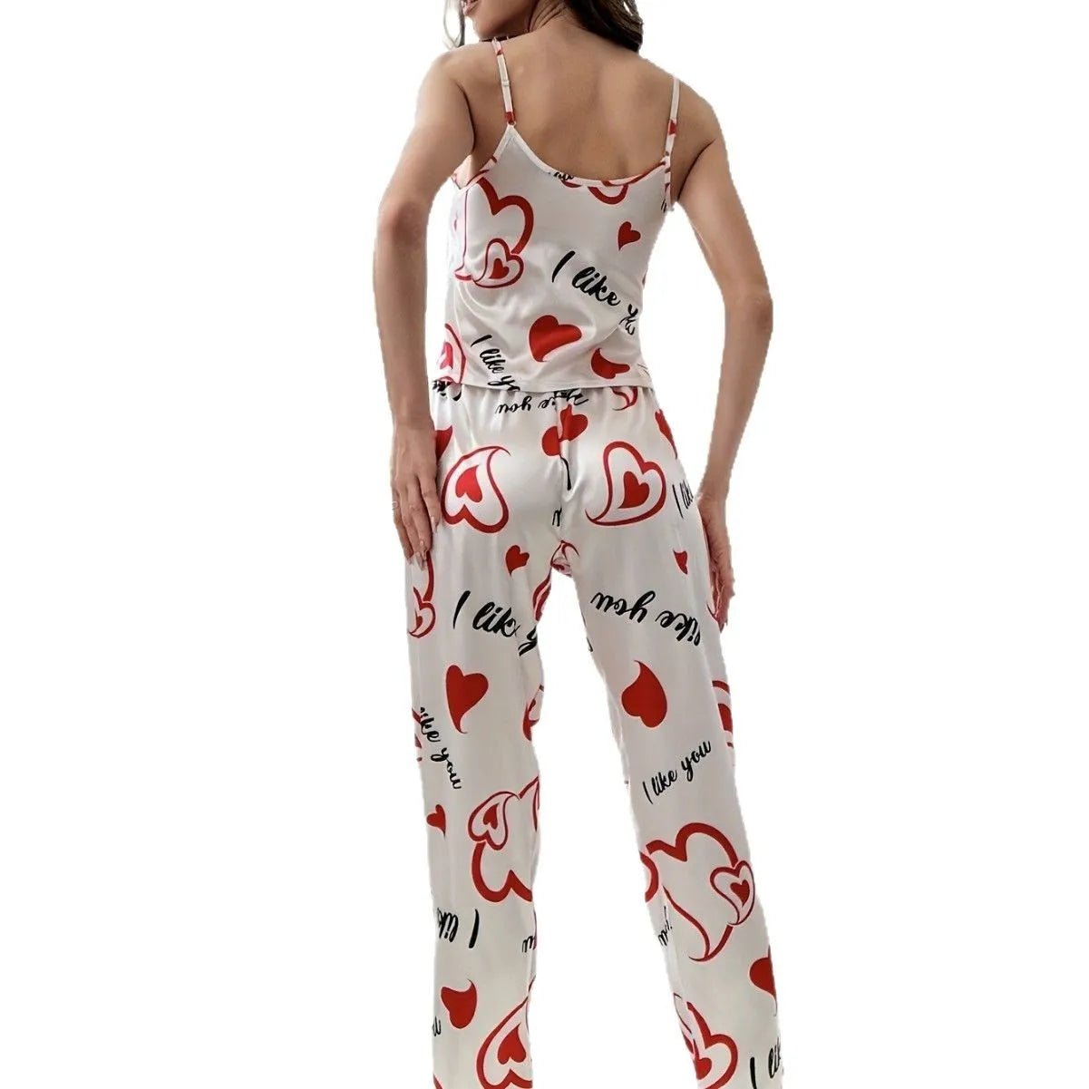 Women's Casual Set European American Style Ice Silk Satin Pajamas Elastic Waist Red Heart Cute Home Use - Zeprah
