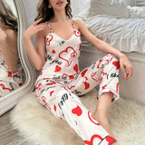 Women's Casual Set European American Style Ice Silk Satin Pajamas Elastic Waist Red Heart Cute Home Use - Zeprah