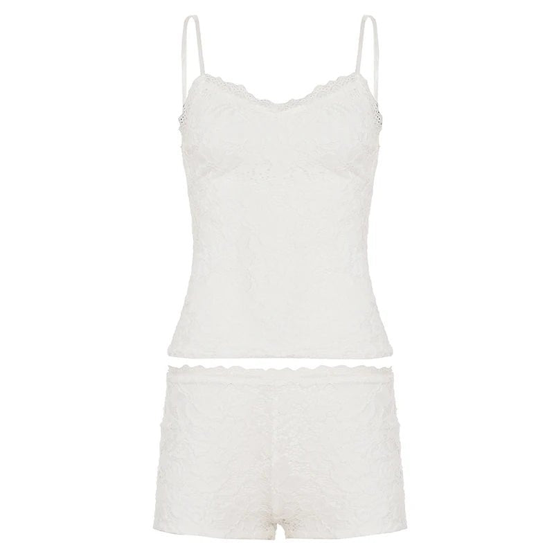 Women's Casual Sexy Lace Trimmed Collarless Bandeau Top Shorts Set Low Rise Solid Color Summer Loungewear Two Piece Eco - Friendly - Zeprah