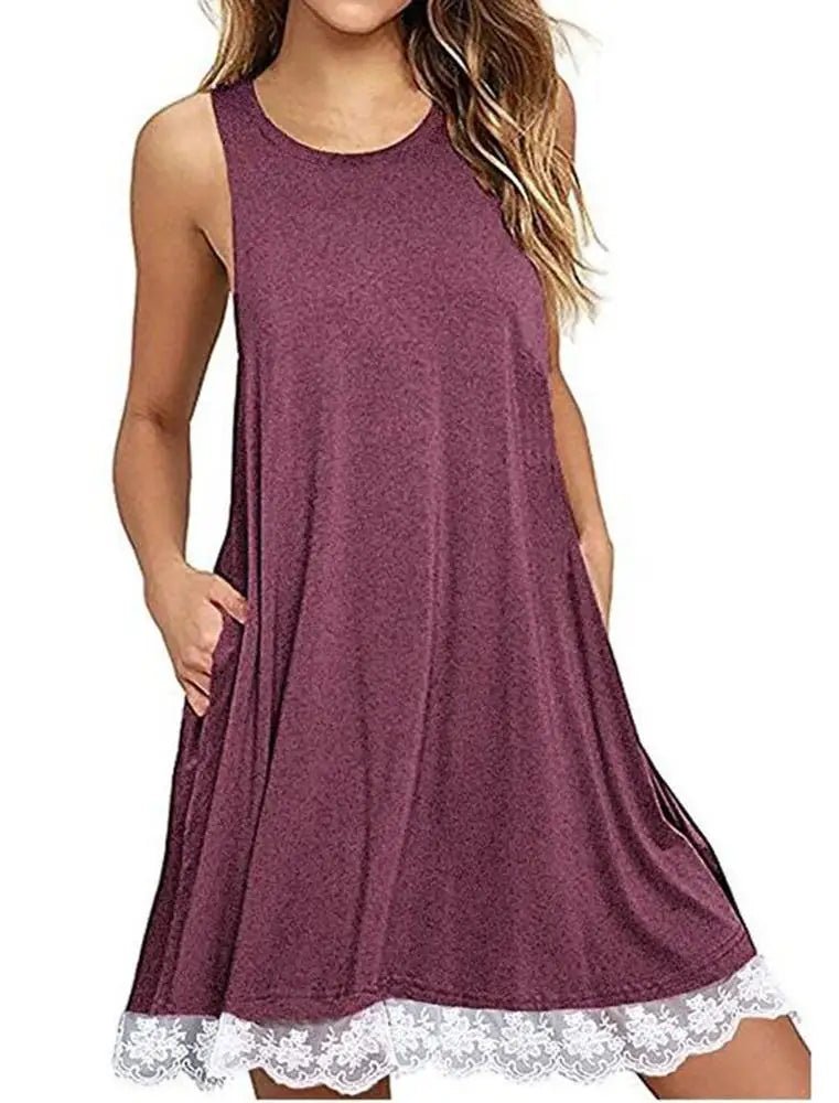 Women's Casual Sleeveless Loose Lace Hem Tank Dress - Zeprah