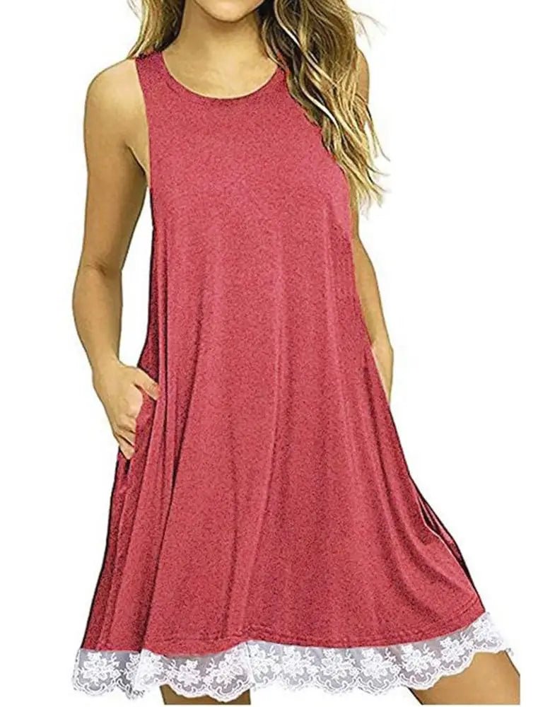 Women's Casual Sleeveless Loose Lace Hem Tank Dress - Zeprah