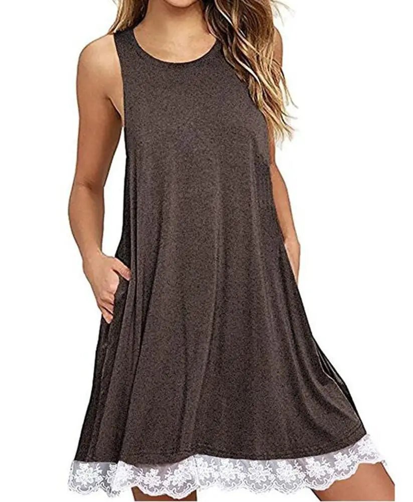 Women's Casual Sleeveless Loose Lace Hem Tank Dress - Zeprah