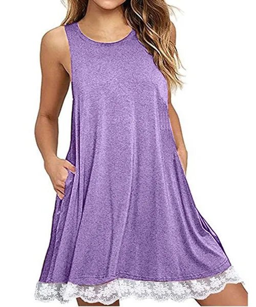 Women's Casual Sleeveless Loose Lace Hem Tank Dress - Zeprah