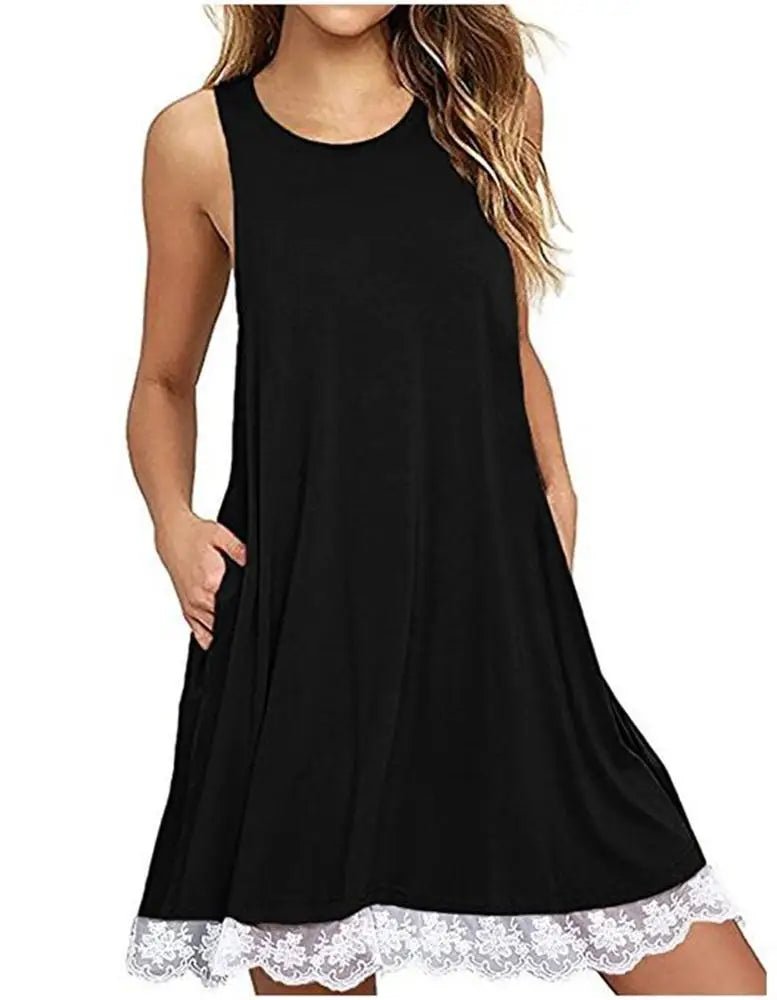 Women's Casual Sleeveless Loose Lace Hem Tank Dress - Zeprah