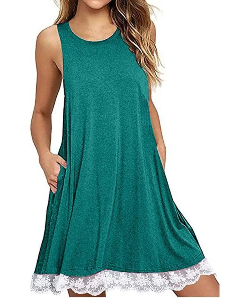 Women's Casual Sleeveless Loose Lace Hem Tank Dress - Zeprah