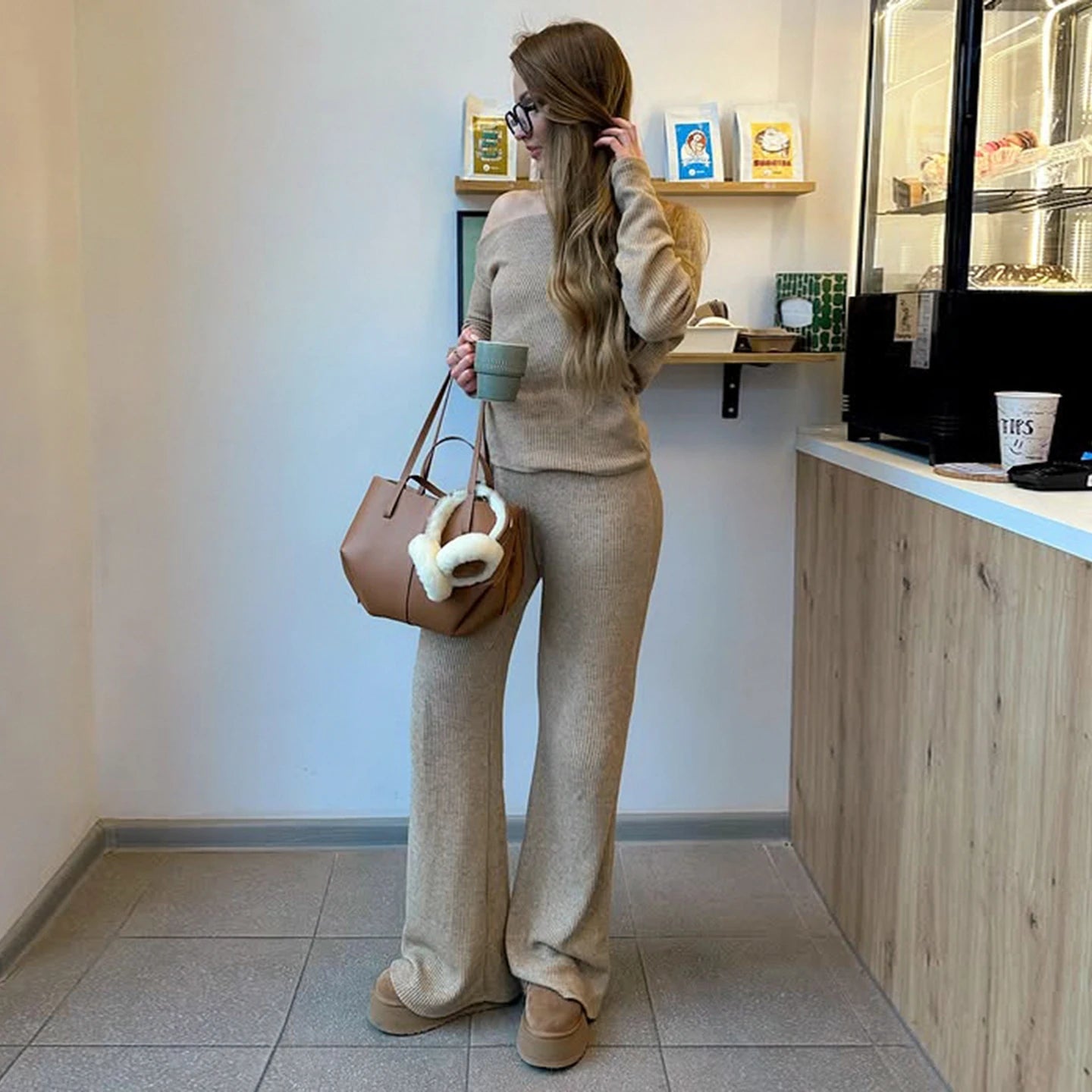 Women's Casual Solid Color Knitting Spandex/Polyester Loungewear Two - Piece Set Shoulder Top Wide Leg Pants Breathable - Zeprah