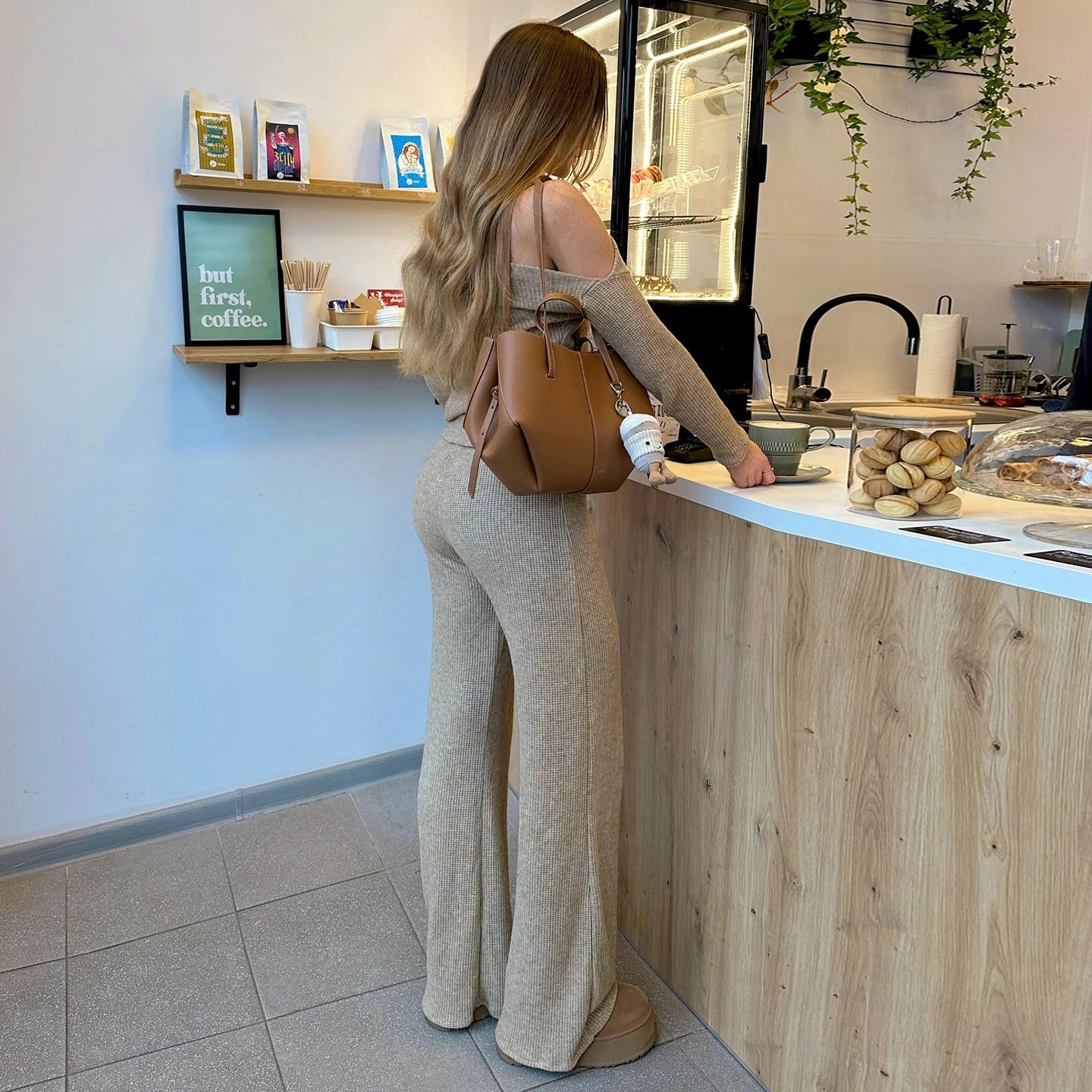 Women's Casual Solid Color Knitting Spandex/Polyester Loungewear Two - Piece Set Shoulder Top Wide Leg Pants Breathable - Zeprah